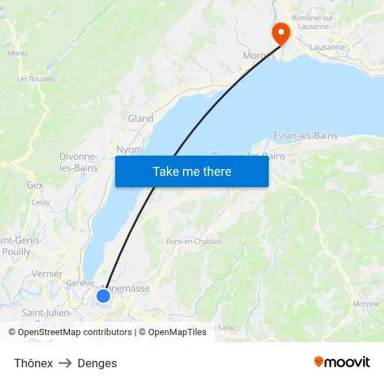 Thônex to Denges map