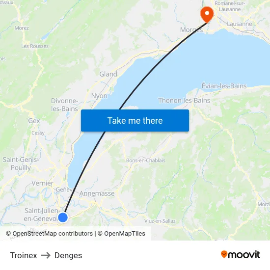 Troinex to Denges map