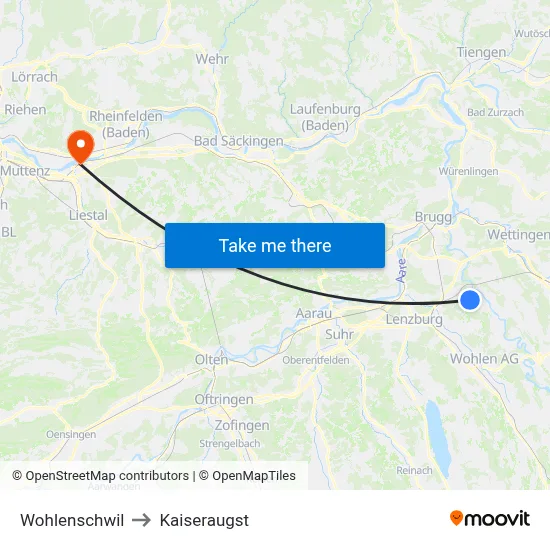 Wohlenschwil to Kaiseraugst map