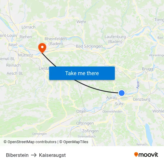 Biberstein to Kaiseraugst map