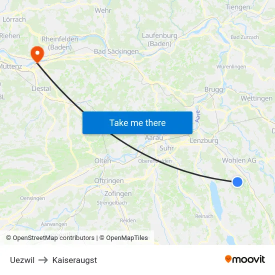 Uezwil to Kaiseraugst map