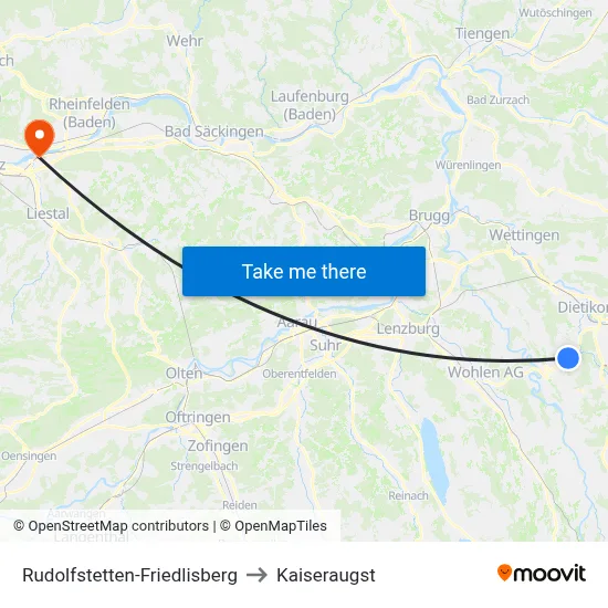 Rudolfstetten-Friedlisberg to Kaiseraugst map
