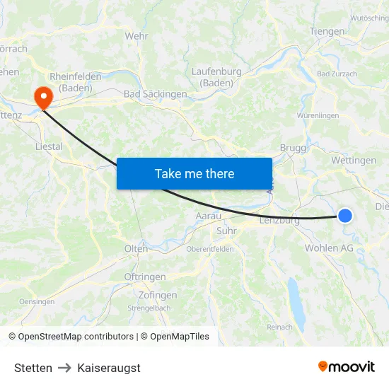 Stetten to Kaiseraugst map
