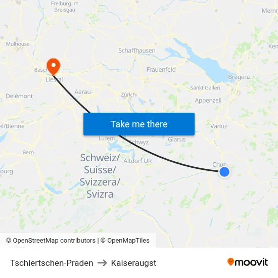 Tschiertschen-Praden to Kaiseraugst map