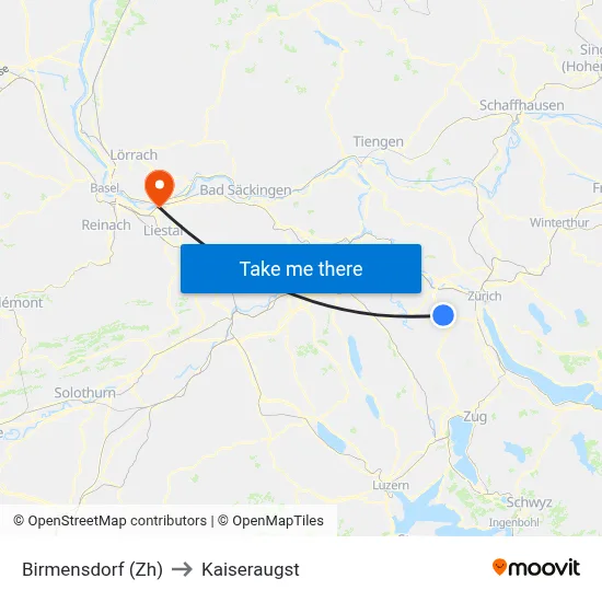 Birmensdorf (Zh) to Kaiseraugst map