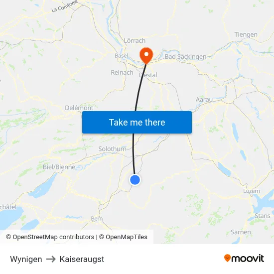 Wynigen to Kaiseraugst map