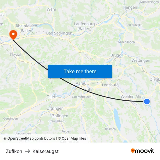 Zufikon to Kaiseraugst map