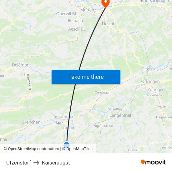 Utzenstorf to Kaiseraugst map
