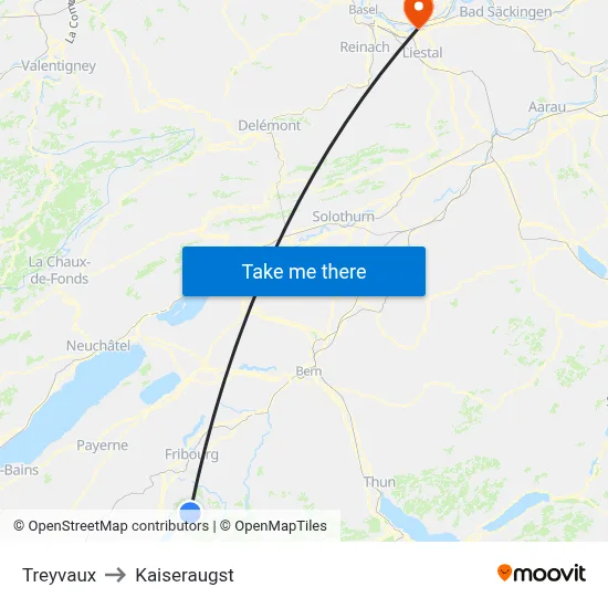 Treyvaux to Kaiseraugst map