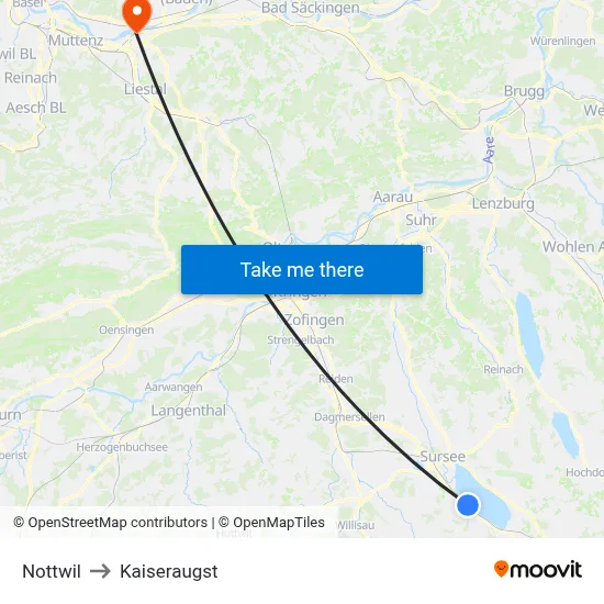 Nottwil to Kaiseraugst map