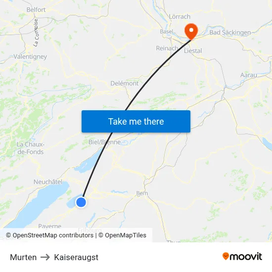 Murten to Kaiseraugst map
