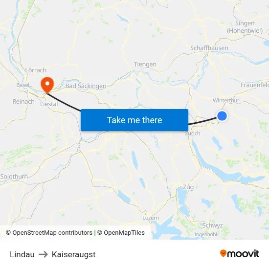 Lindau to Kaiseraugst map