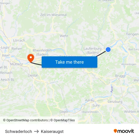 Schwaderloch to Kaiseraugst map