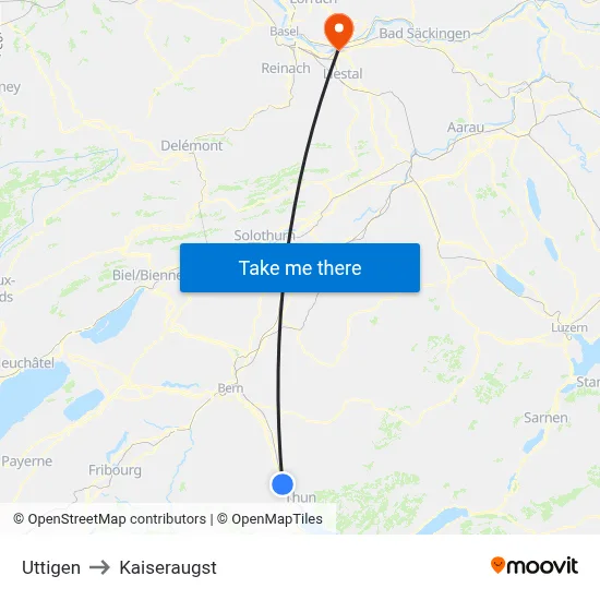 Uttigen to Kaiseraugst map