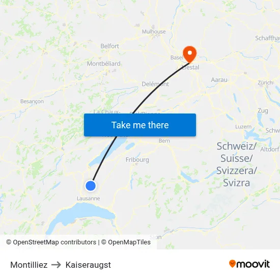 Montilliez to Kaiseraugst map