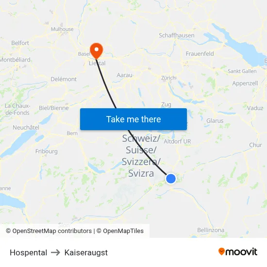 Hospental to Kaiseraugst map