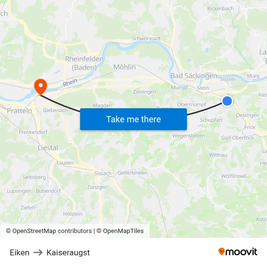 Eiken to Kaiseraugst map