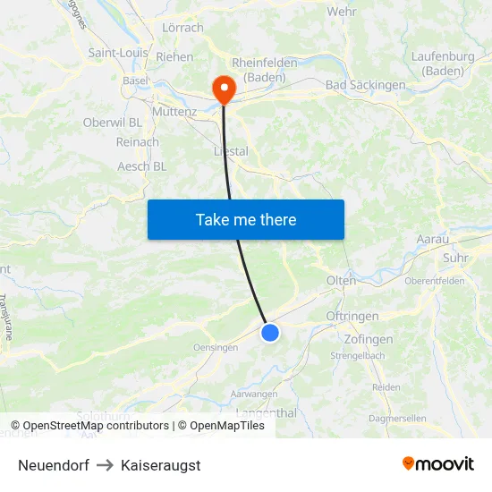 Neuendorf to Kaiseraugst map