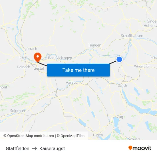 Glattfelden to Kaiseraugst map