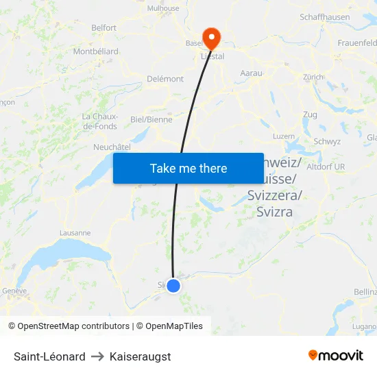 Saint-Léonard to Kaiseraugst map