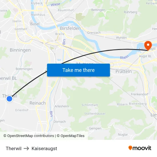 Therwil to Kaiseraugst map