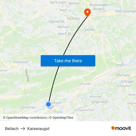 Bellach to Kaiseraugst map