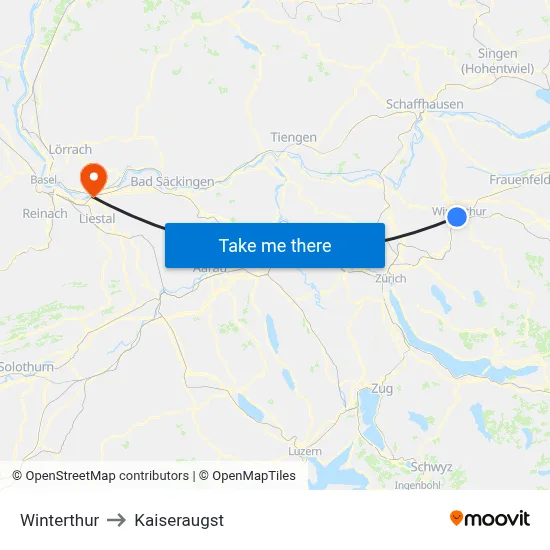 Winterthur to Kaiseraugst map