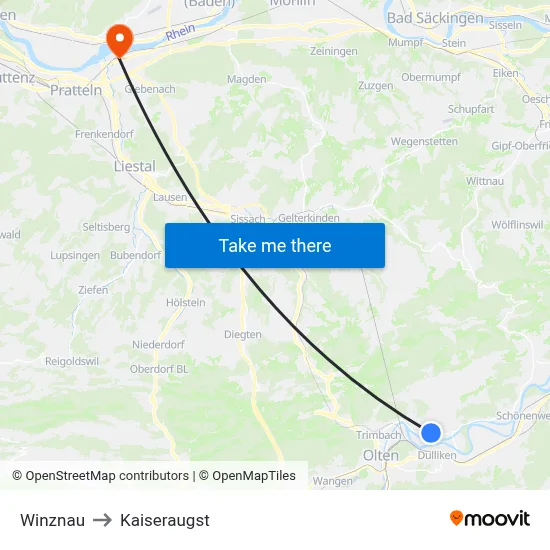 Winznau to Kaiseraugst map