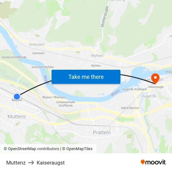 Muttenz to Kaiseraugst map