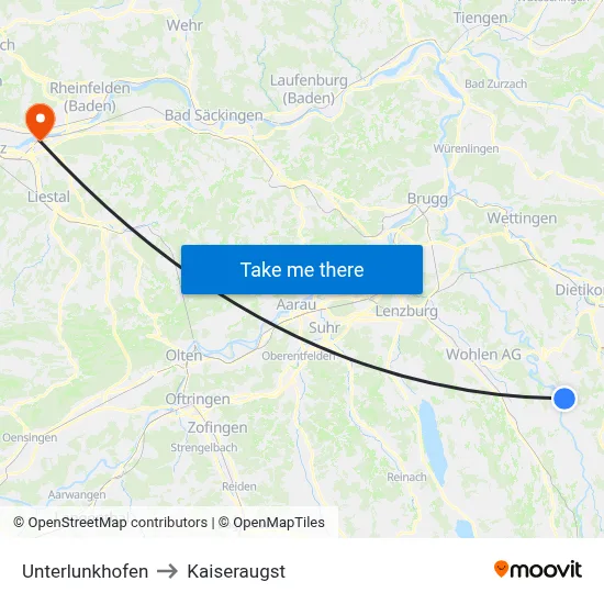 Unterlunkhofen to Kaiseraugst map