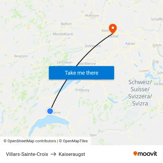 Villars-Sainte-Croix to Kaiseraugst map