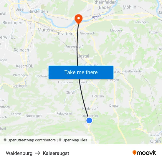 Waldenburg to Kaiseraugst map