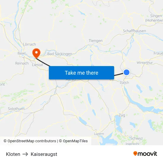Kloten to Kaiseraugst map