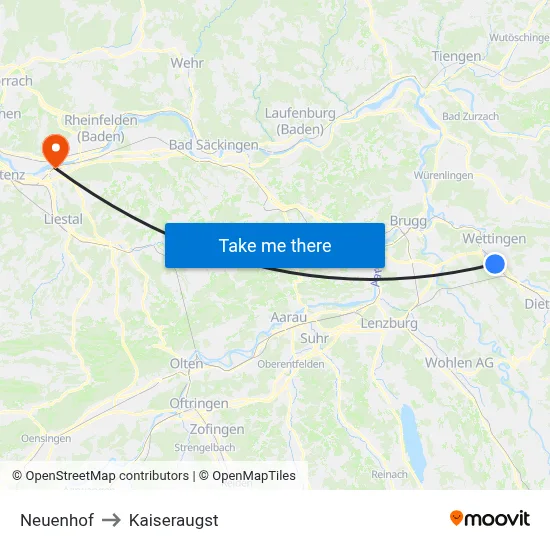 Neuenhof to Kaiseraugst map