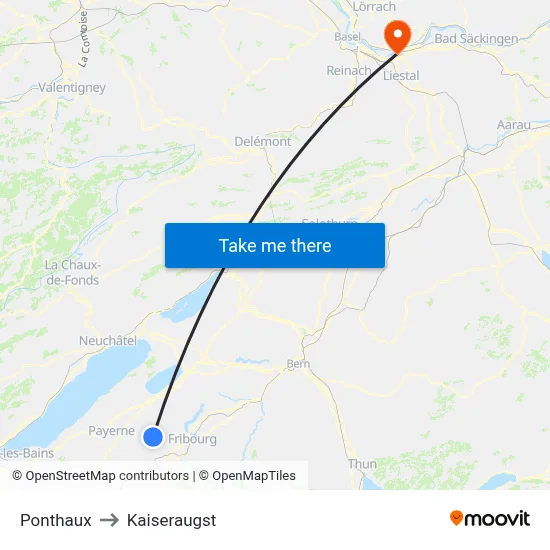 Ponthaux to Kaiseraugst map