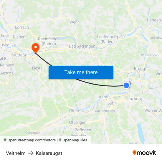 Veltheim to Kaiseraugst map