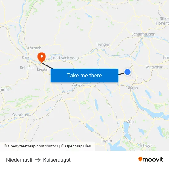 Niederhasli to Kaiseraugst map
