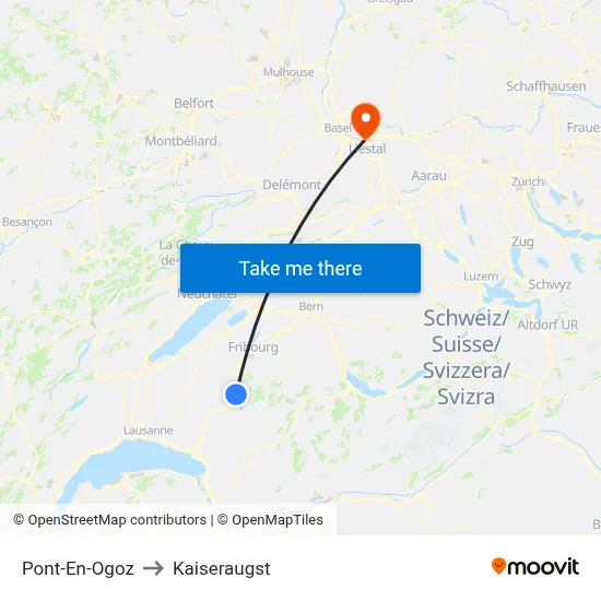 Pont-En-Ogoz to Kaiseraugst map