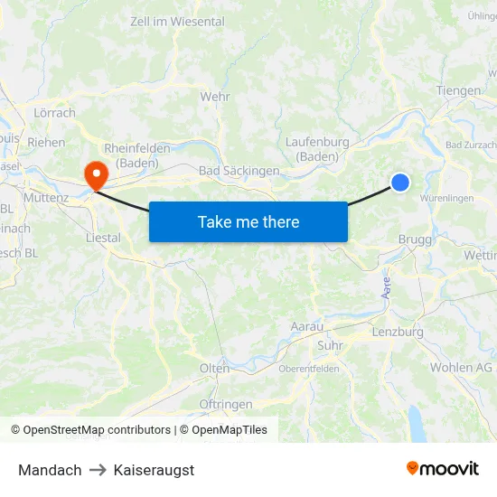 Mandach to Kaiseraugst map