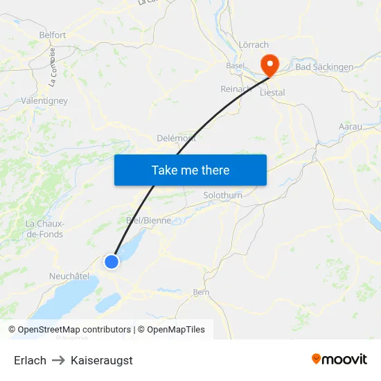 Erlach to Kaiseraugst map