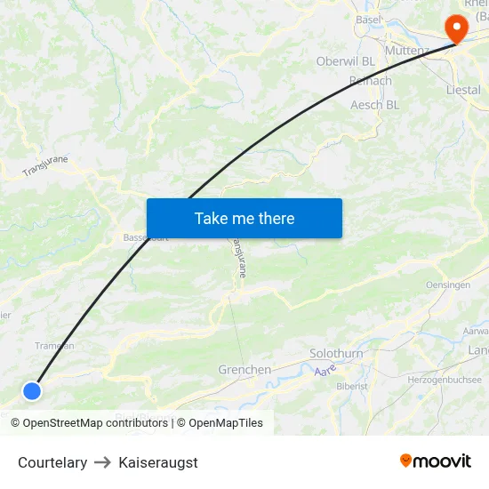 Courtelary to Kaiseraugst map