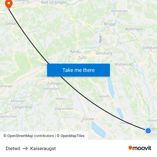 Dietwil to Kaiseraugst map