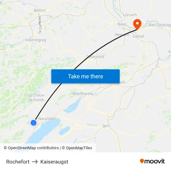 Rochefort to Kaiseraugst map