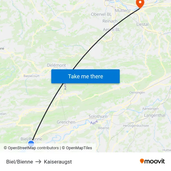 Biel/Bienne to Kaiseraugst map