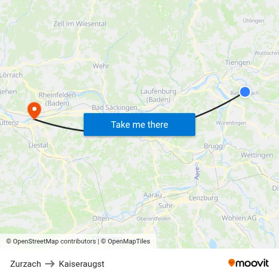 Zurzach to Kaiseraugst map