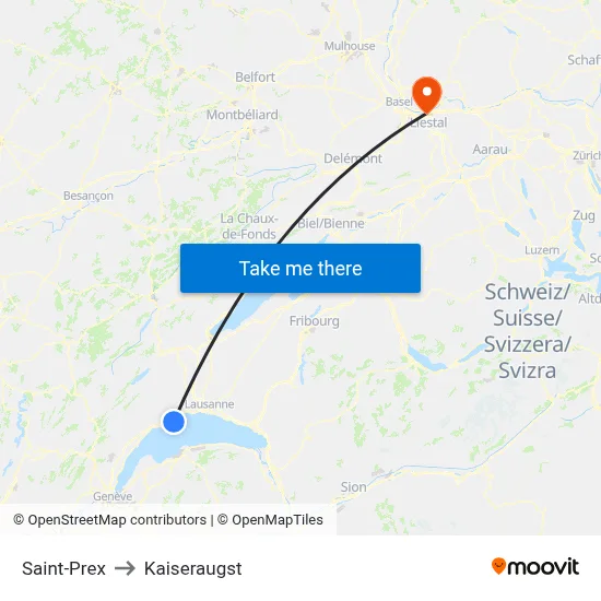 Saint-Prex to Kaiseraugst map