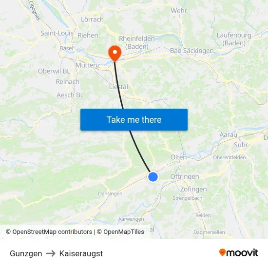 Gunzgen to Kaiseraugst map