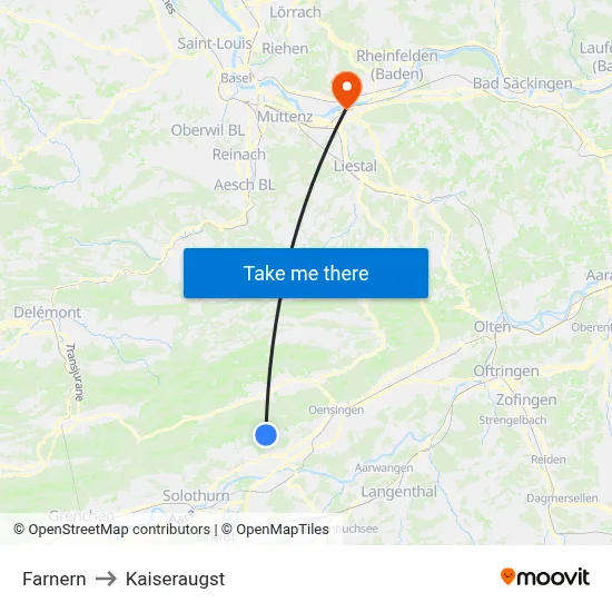 Farnern to Kaiseraugst map