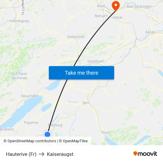 Hauterive (Fr) to Kaiseraugst map