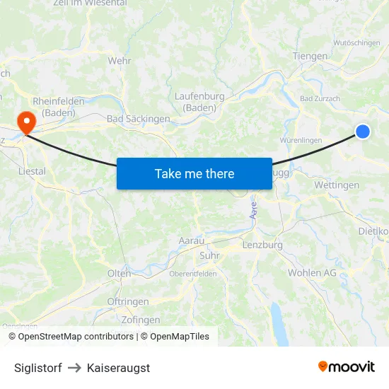 Siglistorf to Kaiseraugst map